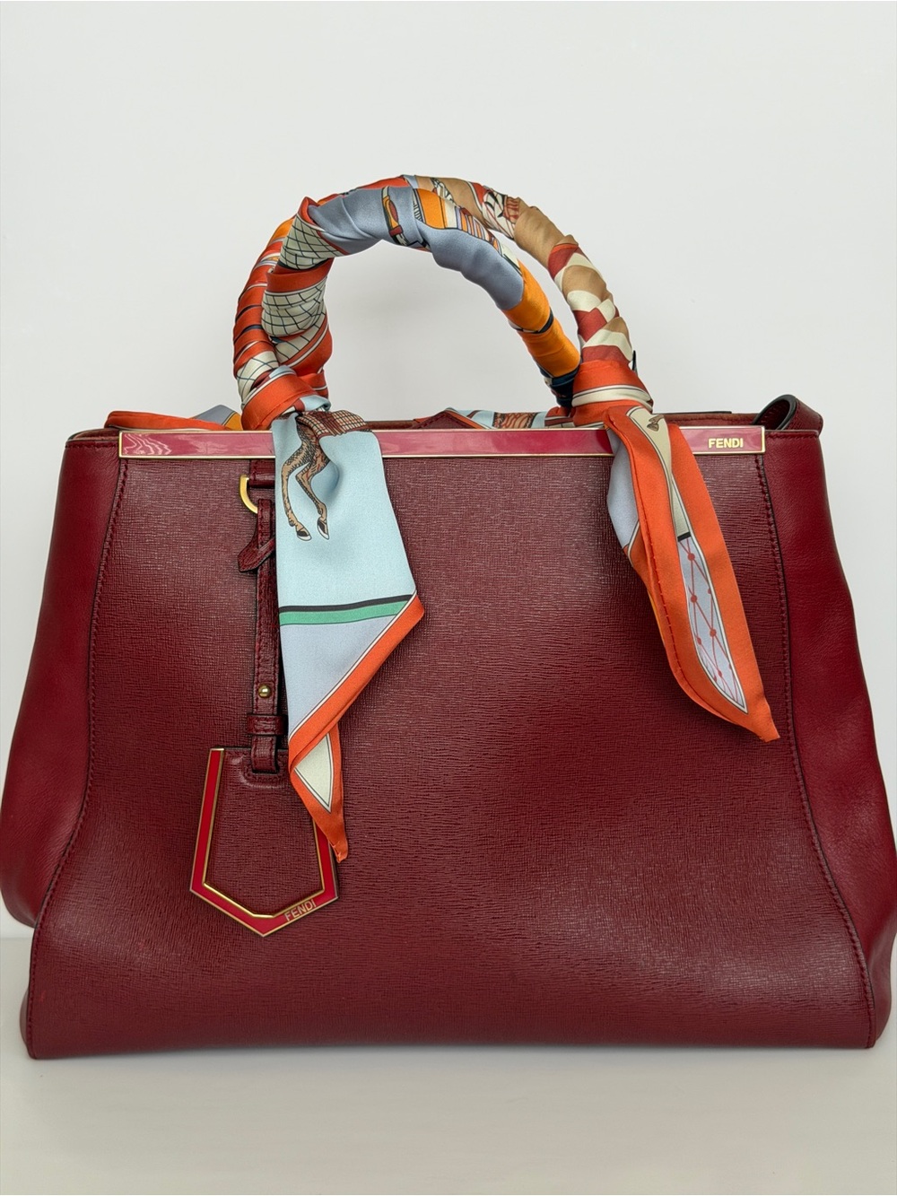 Fendi Burgundy Saffiano & Calfskin Medium 2Jours Tote (w/ COA & 2 Bonus Twillys)